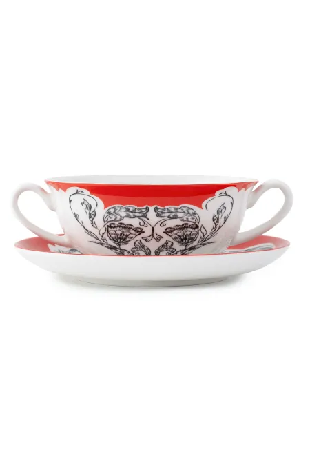 Супница порционная с подстановочным блюдцем, коллекция «Перья на красном»
