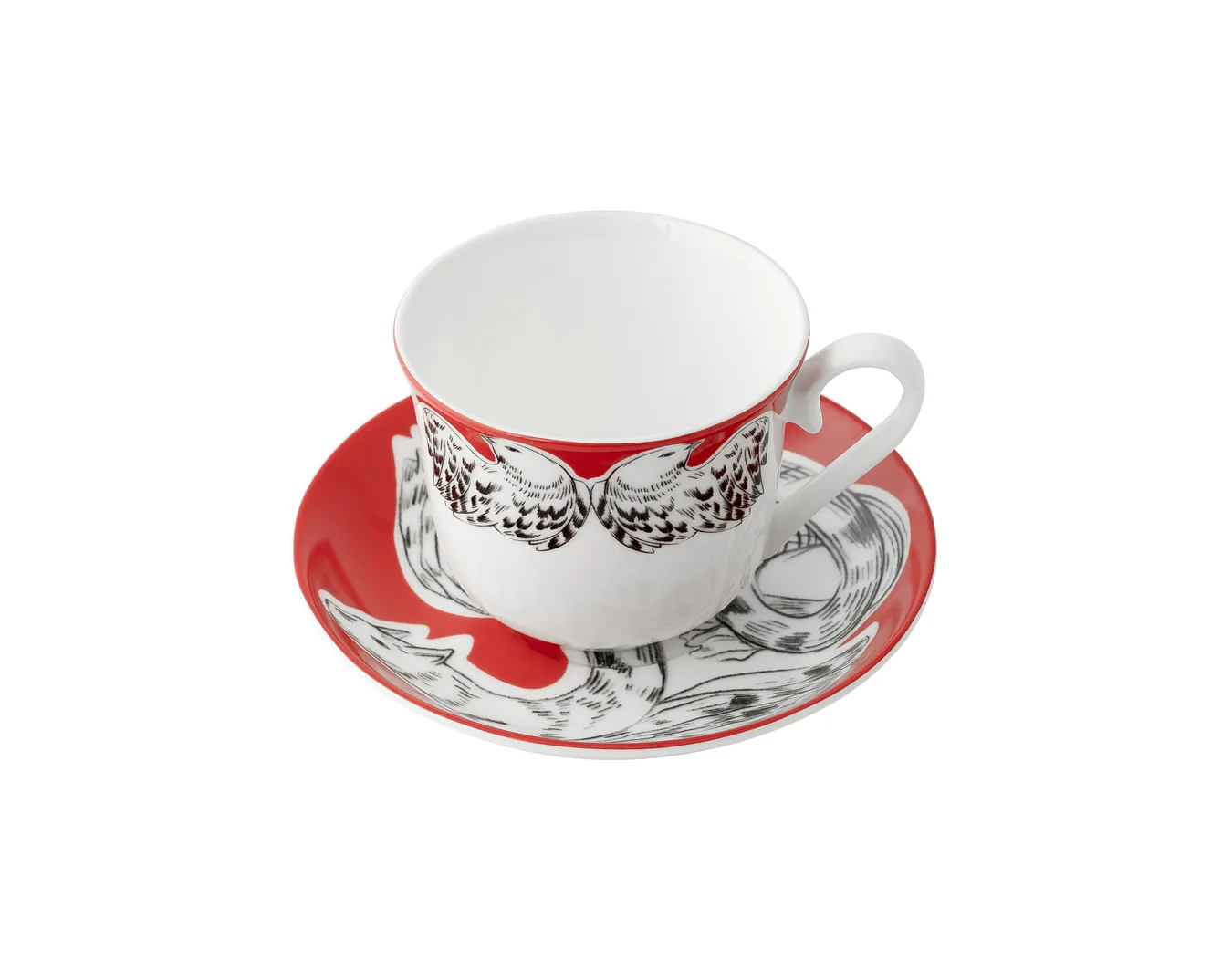 Кружка с блюдцем, коллекция «Перья на красном»