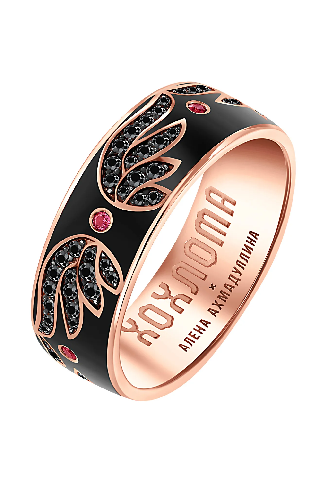 Кольцо из золота 585 пробы с черными бриллиантами и рубинами