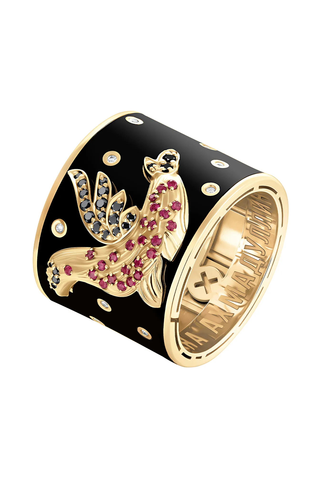 Широкое кольцо из золота 585 пробы с эмалью, бриллиантами и рубинами