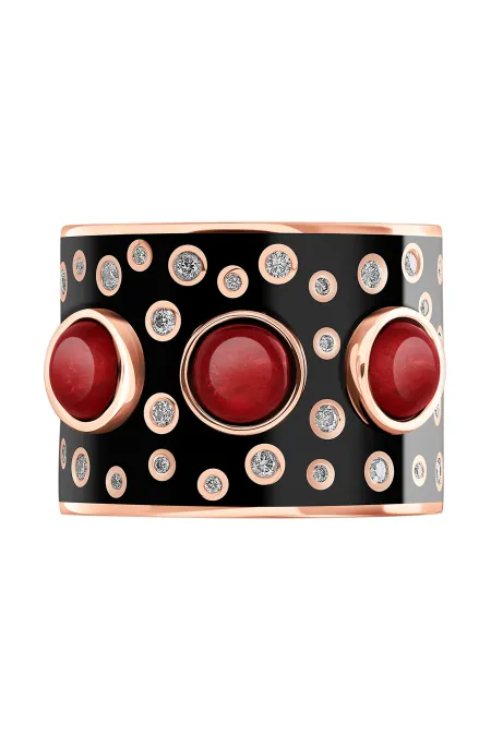 Широкое кольцо из золота 585 пробы с эмалью, бриллиантами и гранатами