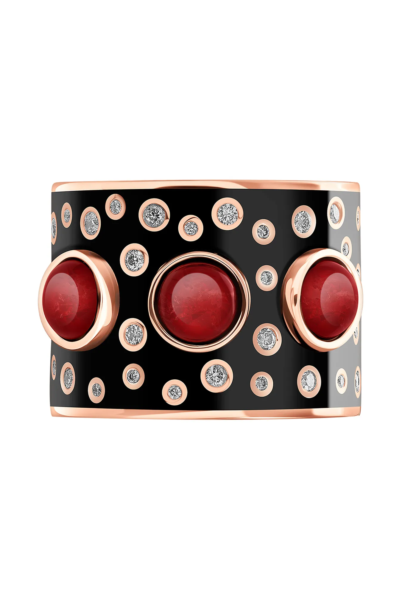 Широкое кольцо из золота 585 пробы с эмалью, бриллиантами и гранатами