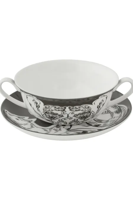 Супница порционная с подстановочным блюдцем, коллекция «Перья на черном»