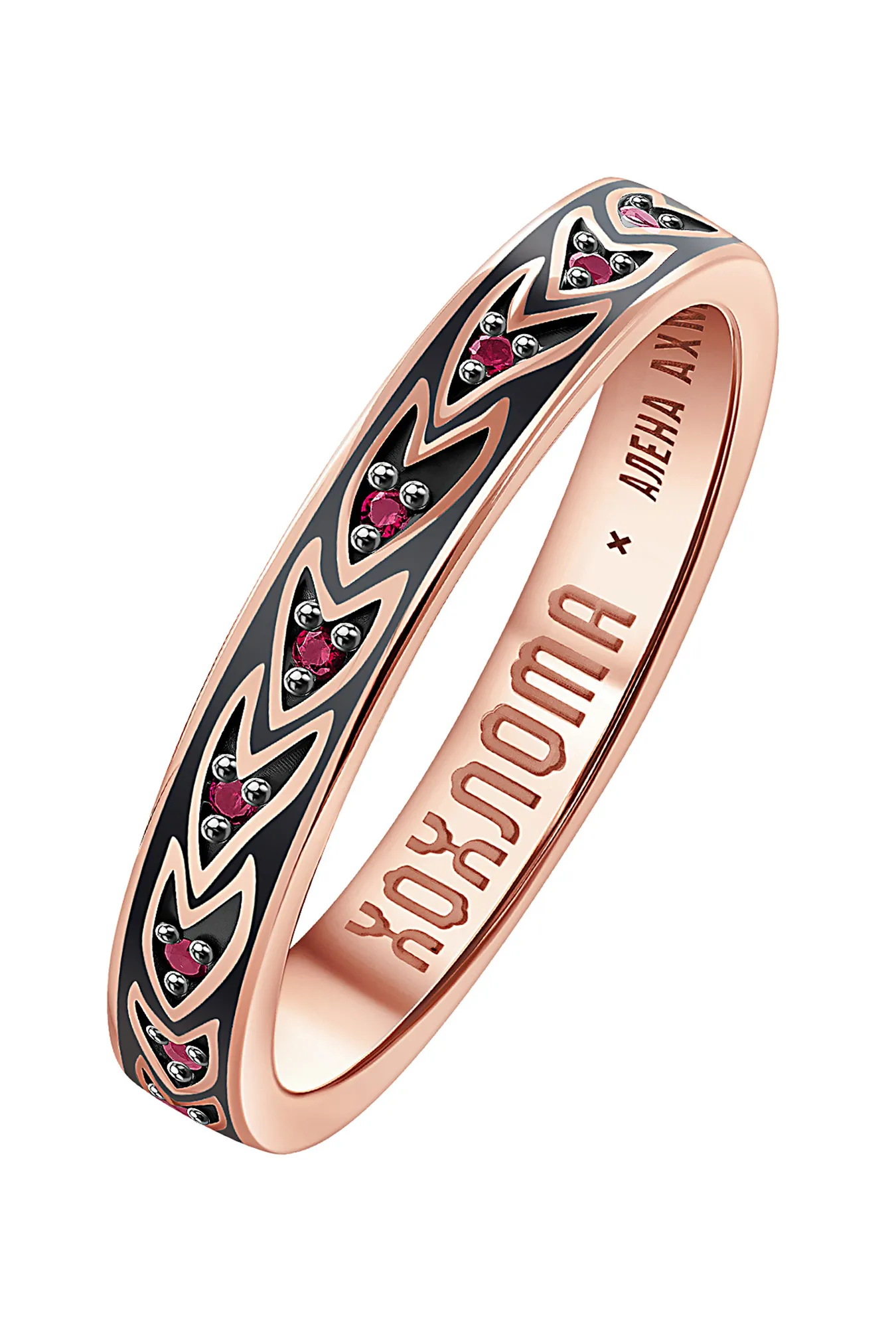 Кольцо из золота 585 пробы с чернением и рубинами