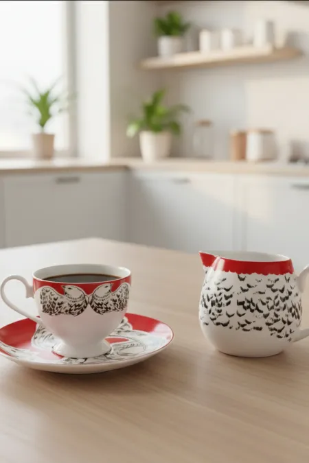 Пара  кофейная, коллекция «Перья на красном»