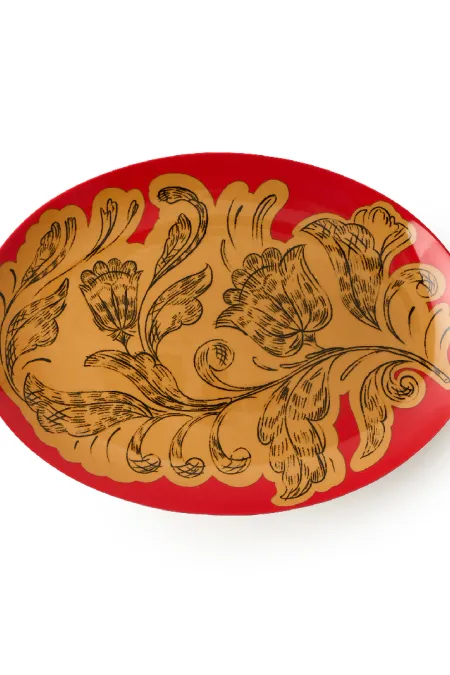 Тарелка овальная, коллекция «Золотые перья на красном»