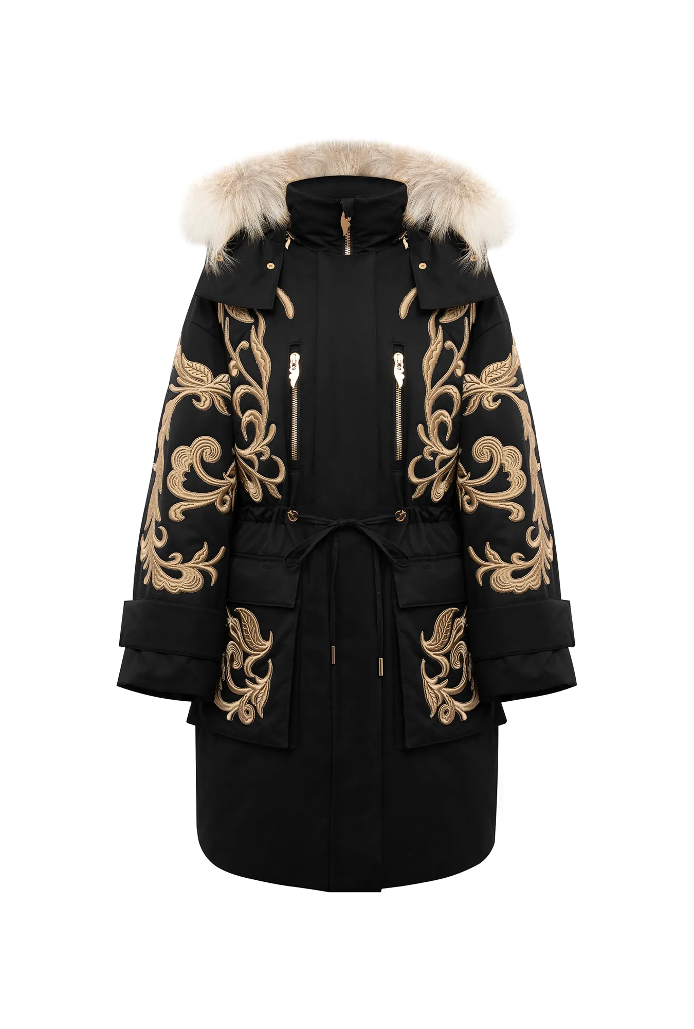 Парка с отделкой мехом куницы и лисы с вышитым орнаментальным рисунком